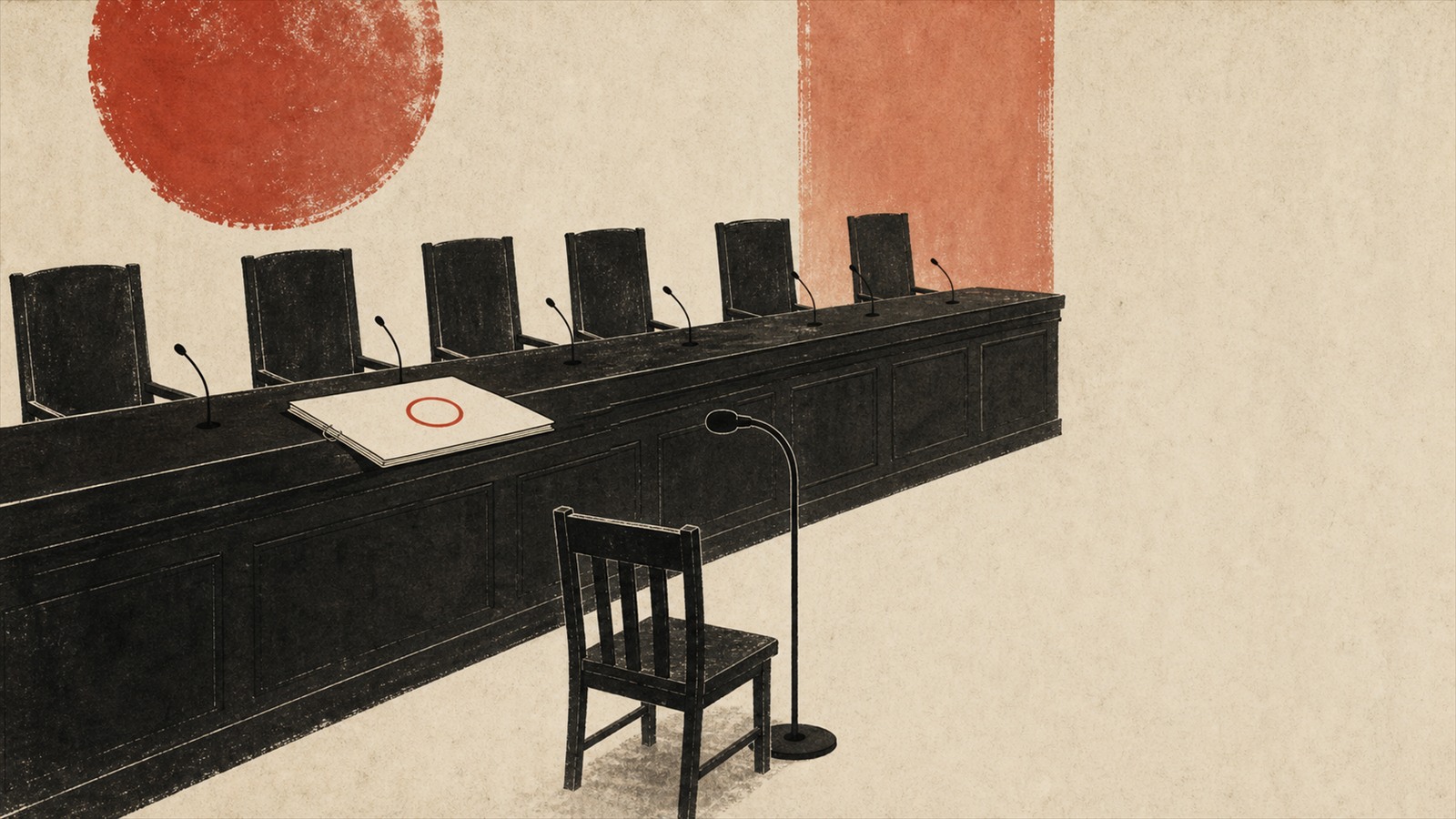 委員席の長机と、一脚だけ置かれた証言席とマイクのイラスト