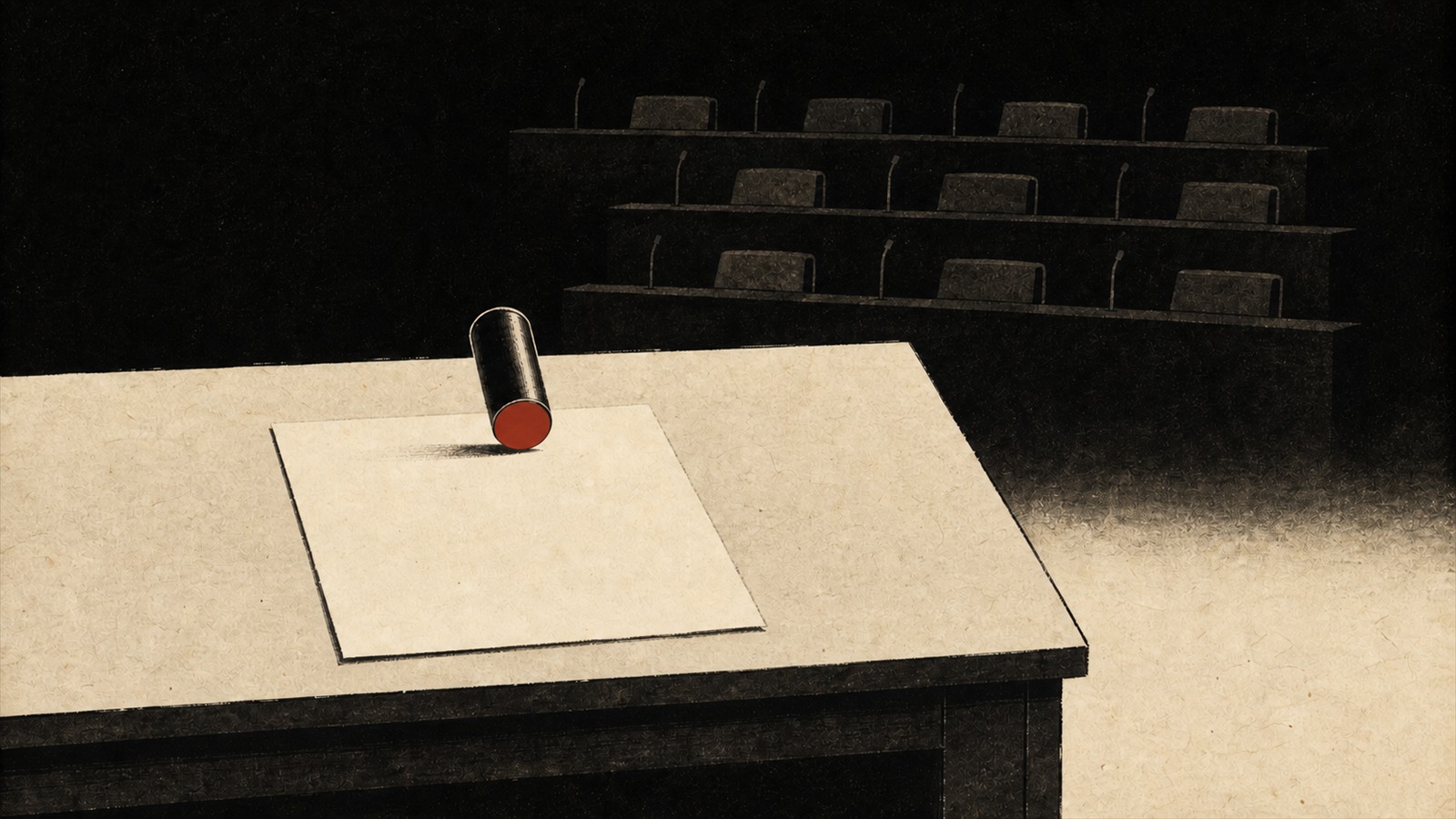暗い議場を背に、机の上の一枚の書類へ印章が押されようとしているイラスト